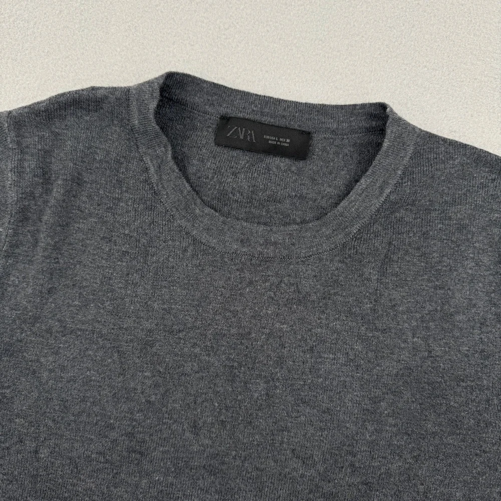 Zara Mens L Dark Gray Short Sleeve Wool Blend Knit Sweater Crew Neck Minimalist